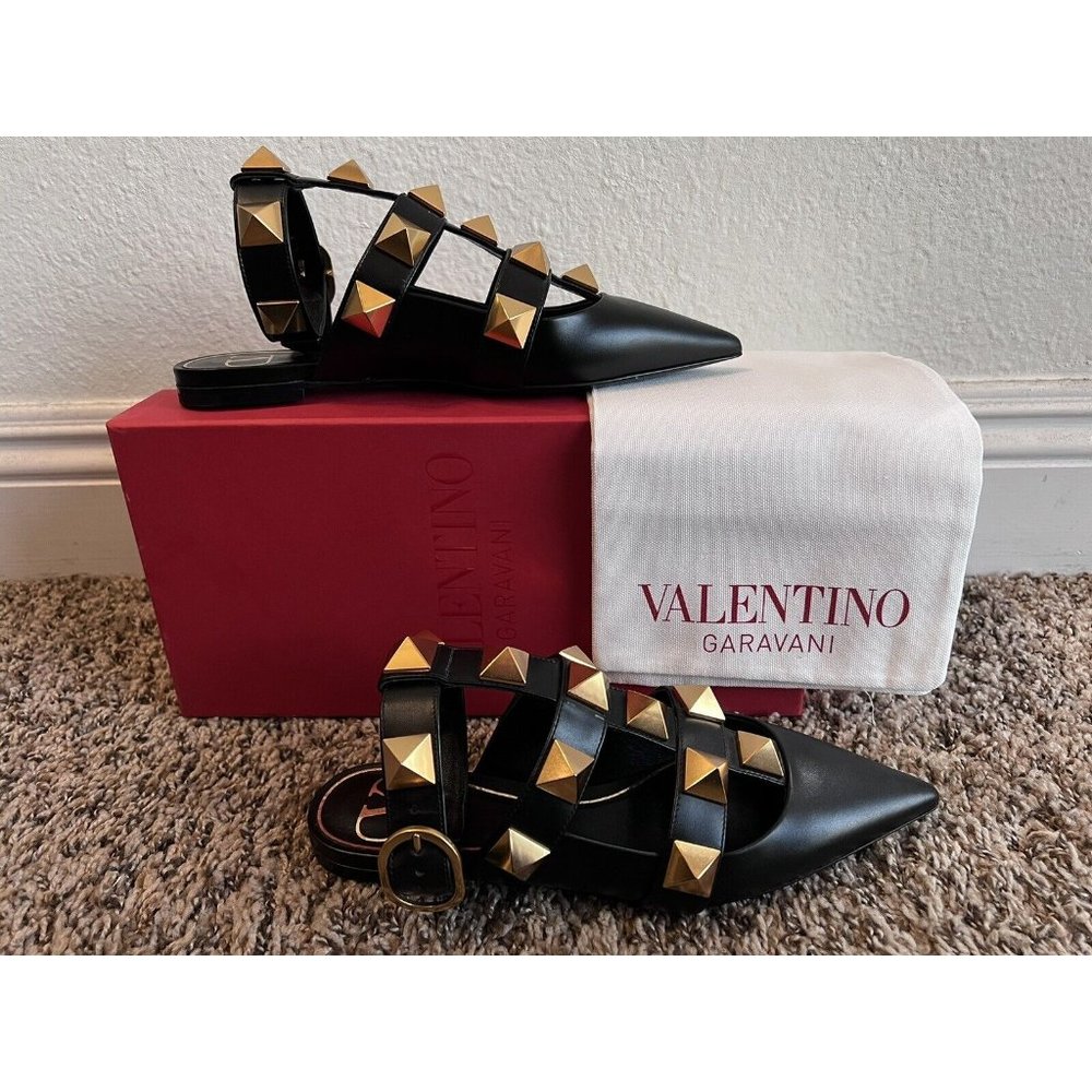 Valentino Garavani Roman Stud Ankle Strap Flat Sandals Slingbacks Shoes 36.5